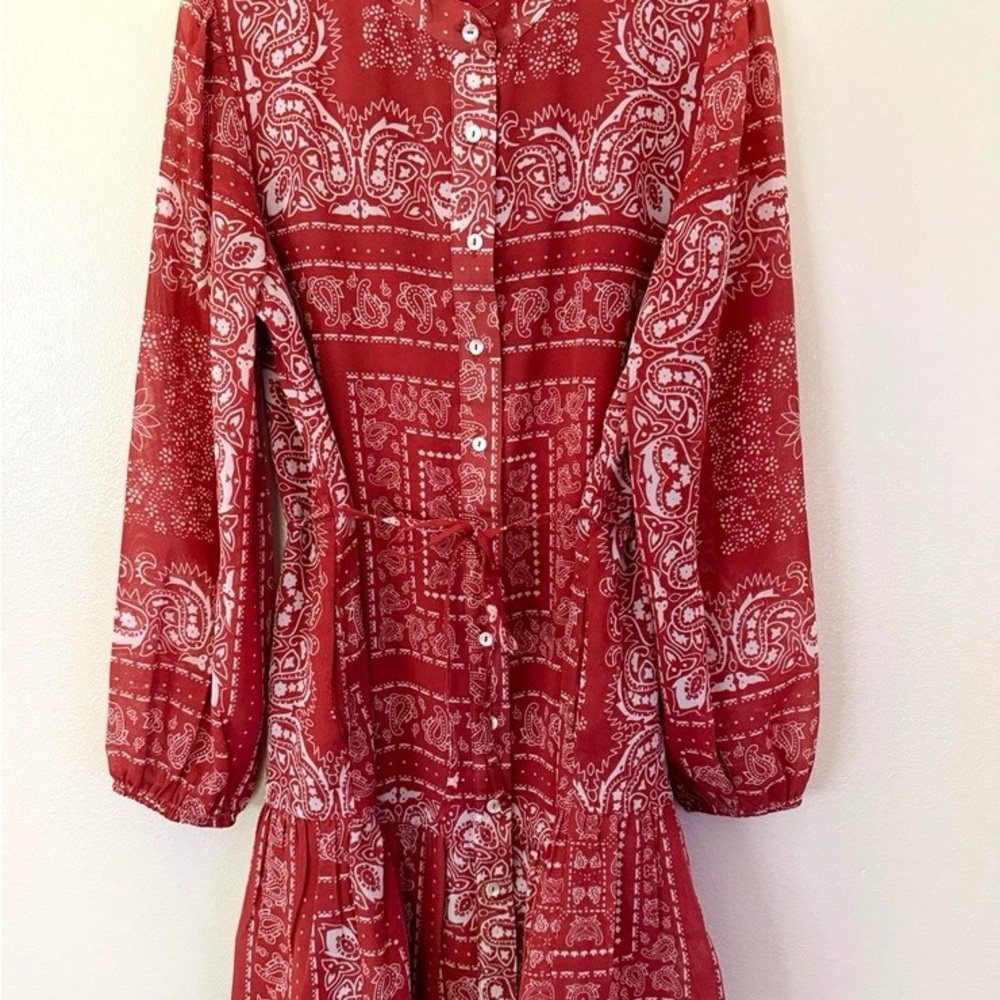 Rust Paisley Long-Sleeve Tiered Mini Dress - Womens